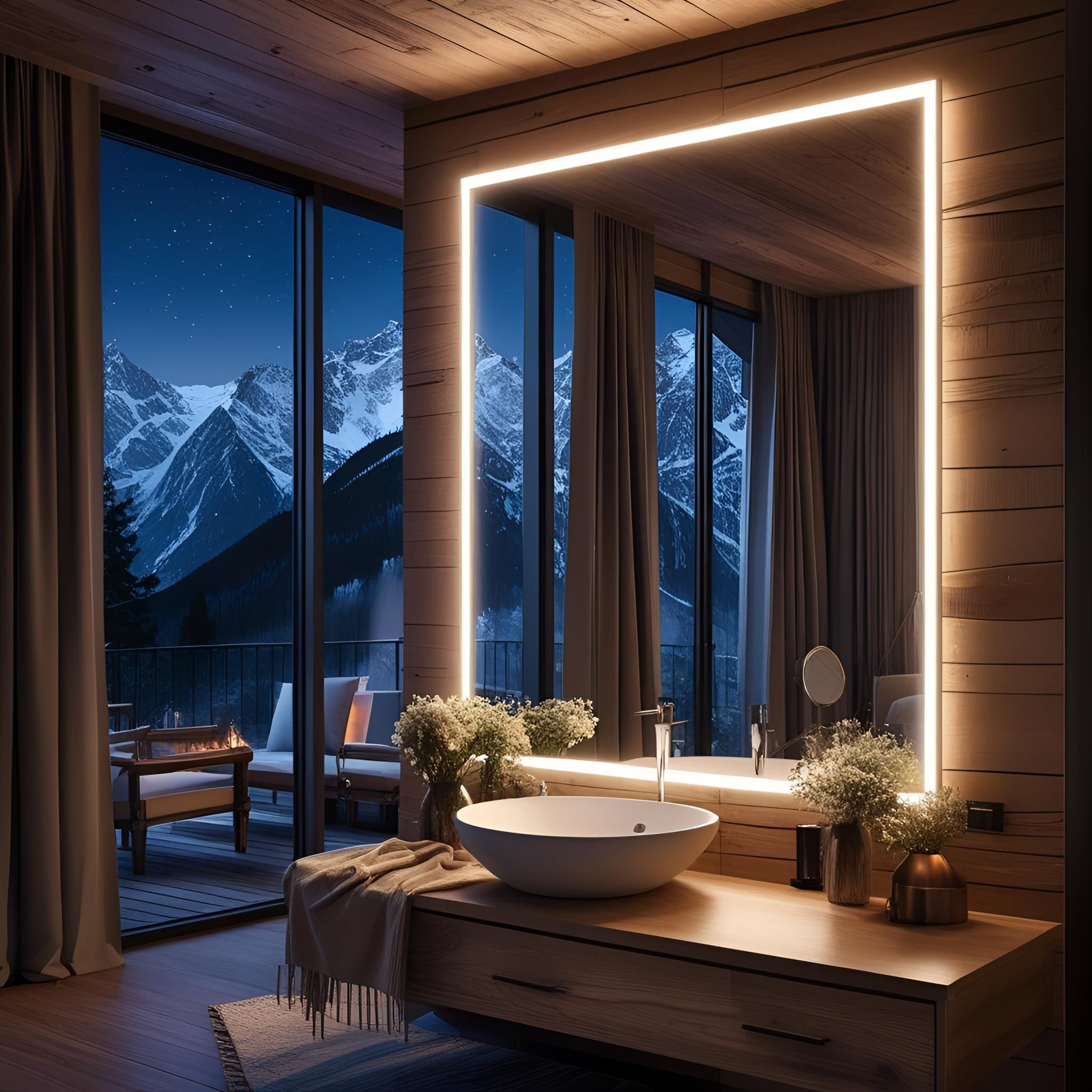 LED mirror with sharp edge in luxury apartment in night in mountain cabin